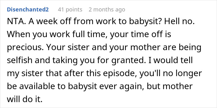 Reddit comment criticizing the expectation for a childless 29YO to babysit family.