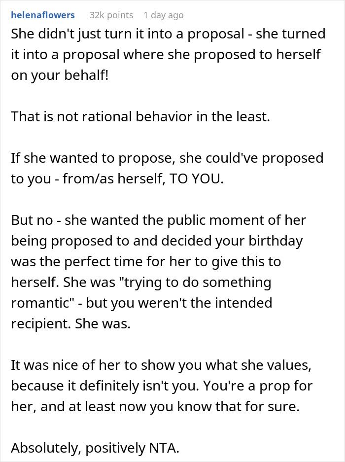 User comment about a woman proposing to herself on boyfriend's birthday.
