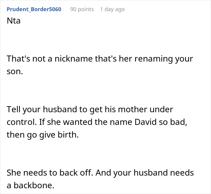 Reddit comment about MIL renaming grandson, DIL's frustration, and husband's role.