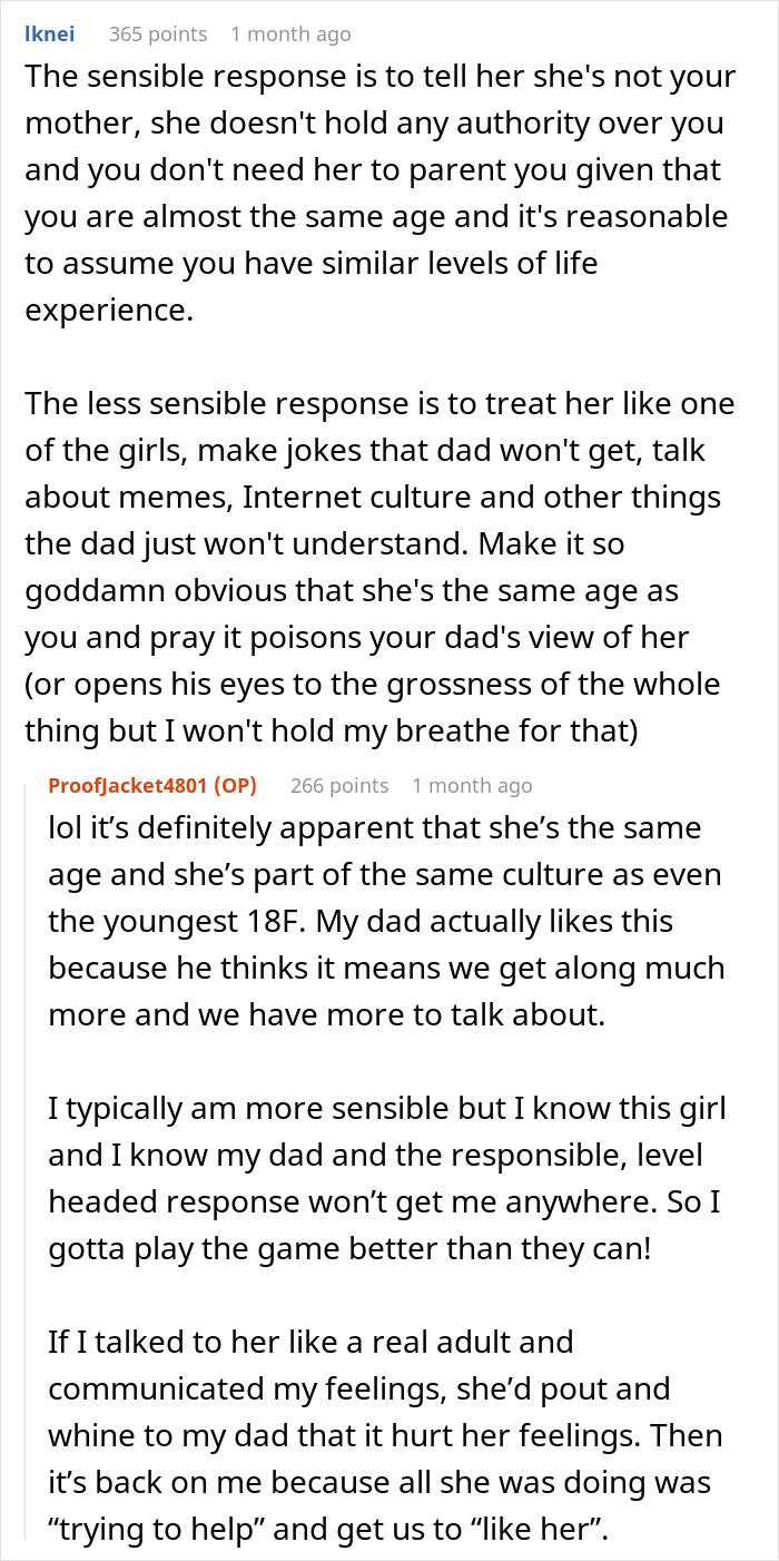 Reddit discussion on dad&rsquo;s 25-year-old girlfriend parenting a 23-year-old, causing tension.