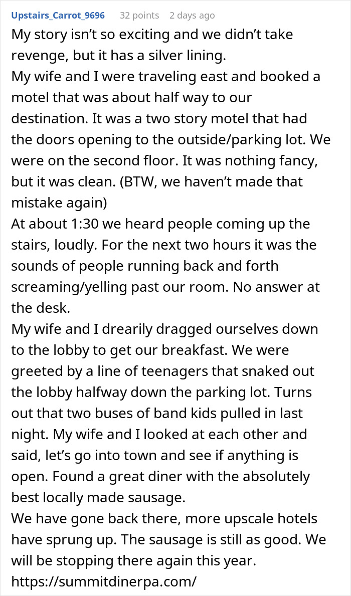 Text post describing hotel room experience after a noisy night due to band kids' arrival.