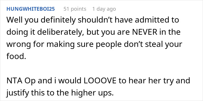 Comments discussing a woman's strategy to stop a lunch thief, mentioning justifying actions to management.