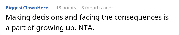 Comment discussing growing up and facing consequences in context of parent and anxious daughter scenario. Comment discussing growing up and facing consequences in context of parent and anxious daughter scenario.