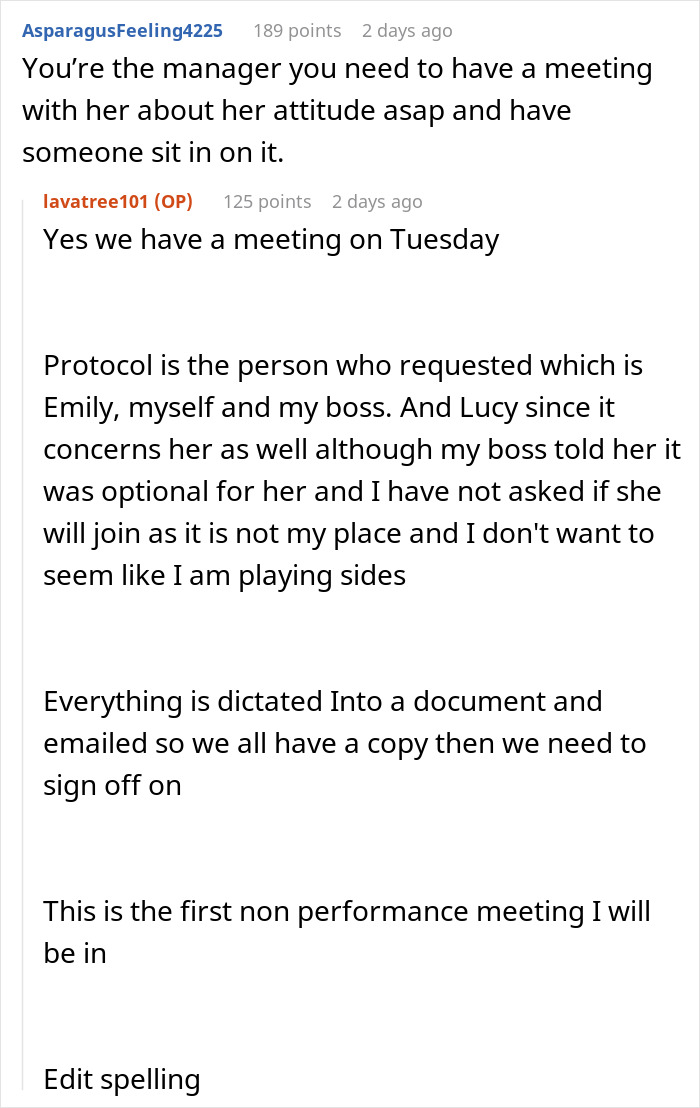 Discussion on coworker's attitude and meeting plan in a workplace chat.