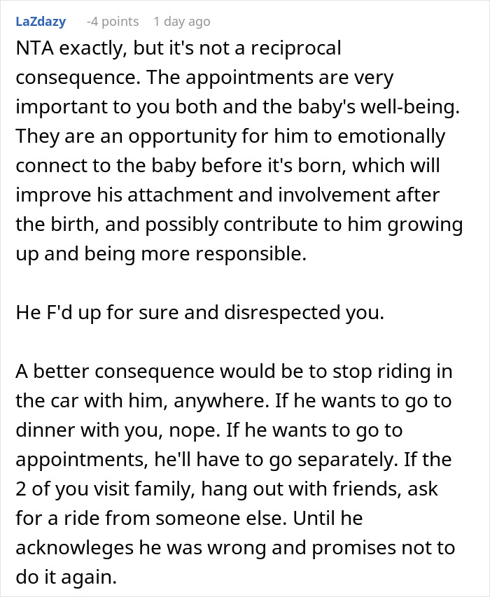 Reddit comment discussing husband's behavior at pregnancy appointments and consequences for disrespect.