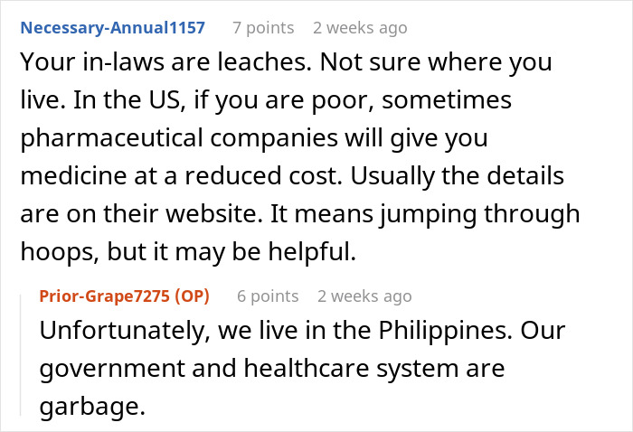 Text exchange discussing in-laws' financial expectations and healthcare system issues in the Philippines. Text exchange discussing in-laws' financial expectations and healthcare system issues in the Philippines.