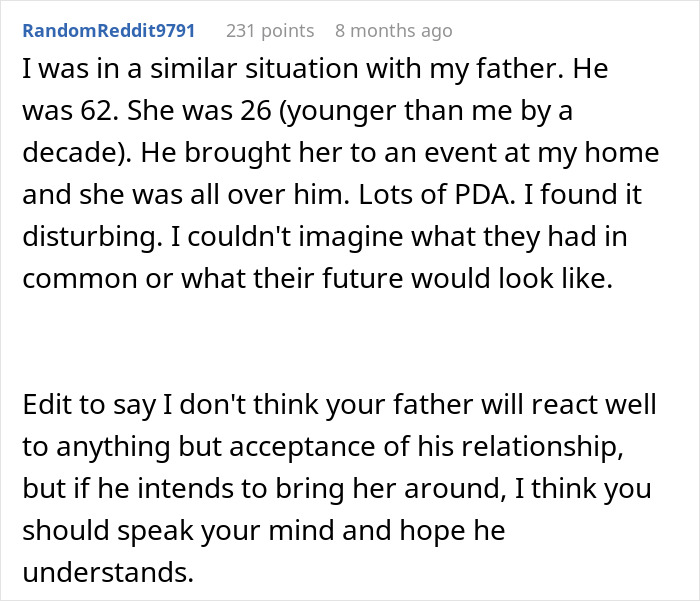 Reddit comment about a dad dating a younger girl, age difference concerns, and seeking advice.