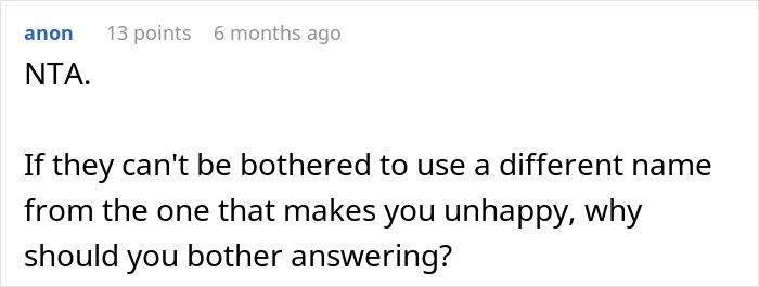 Reddit comment discussing dissatisfaction with a name choice from the Bible.