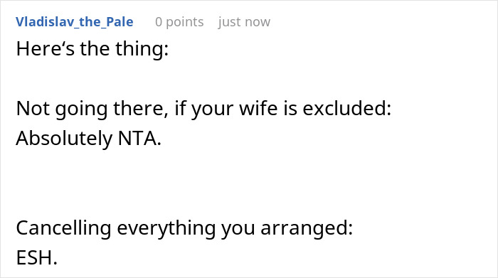 Reddit comment discussing family conflict over a canceled party involving disrespect towards a wife. Reddit comment discussing family conflict over a canceled party involving disrespect towards a wife.