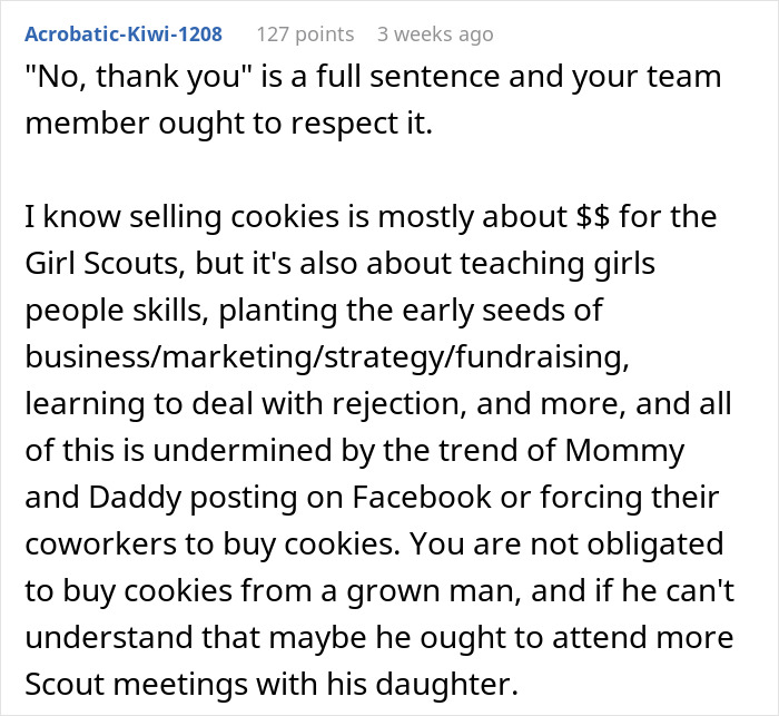 Text exchange discussing guilt in buying Girl Scout cookies and its implications on skills. Text exchange discussing guilt in buying Girl Scout cookies and its implications on skills.