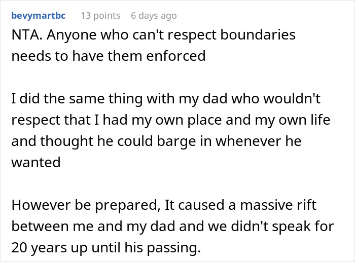Comment discusses boundary issues when a parent enters adult child's home without permission. Comment discusses boundary issues when a parent enters adult child's home without permission.