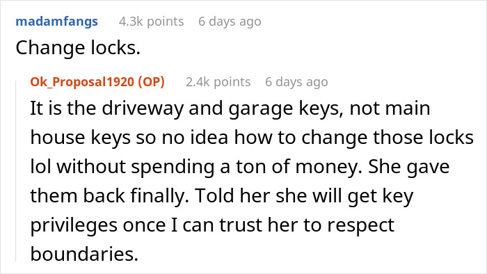 Comments discussing mom's access to daughter's home and boundary issues. Comments discussing mom's access to daughter's home and boundary issues.