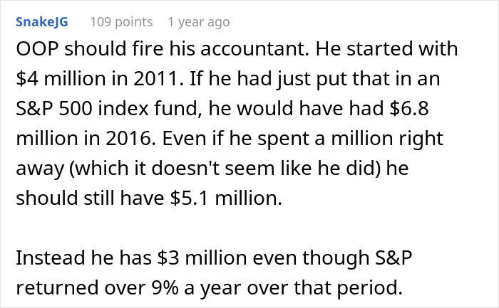 Reddit comment discussing financial advice and investment strategy for a secret millionaire. Reddit comment discussing financial advice and investment strategy for a secret millionaire.