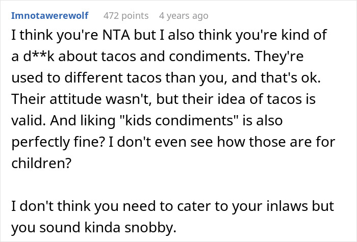Comment discussing family dynamics and condiments, focusing on tacos and kids' preferences.