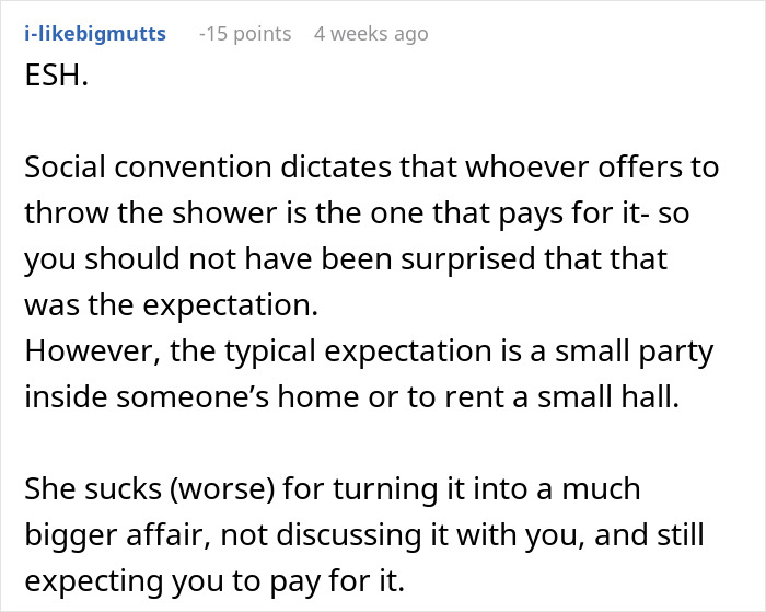 Reddit comment criticizing an entitled sibling's baby shower expectations. Reddit comment criticizing an entitled sibling's baby shower expectations.