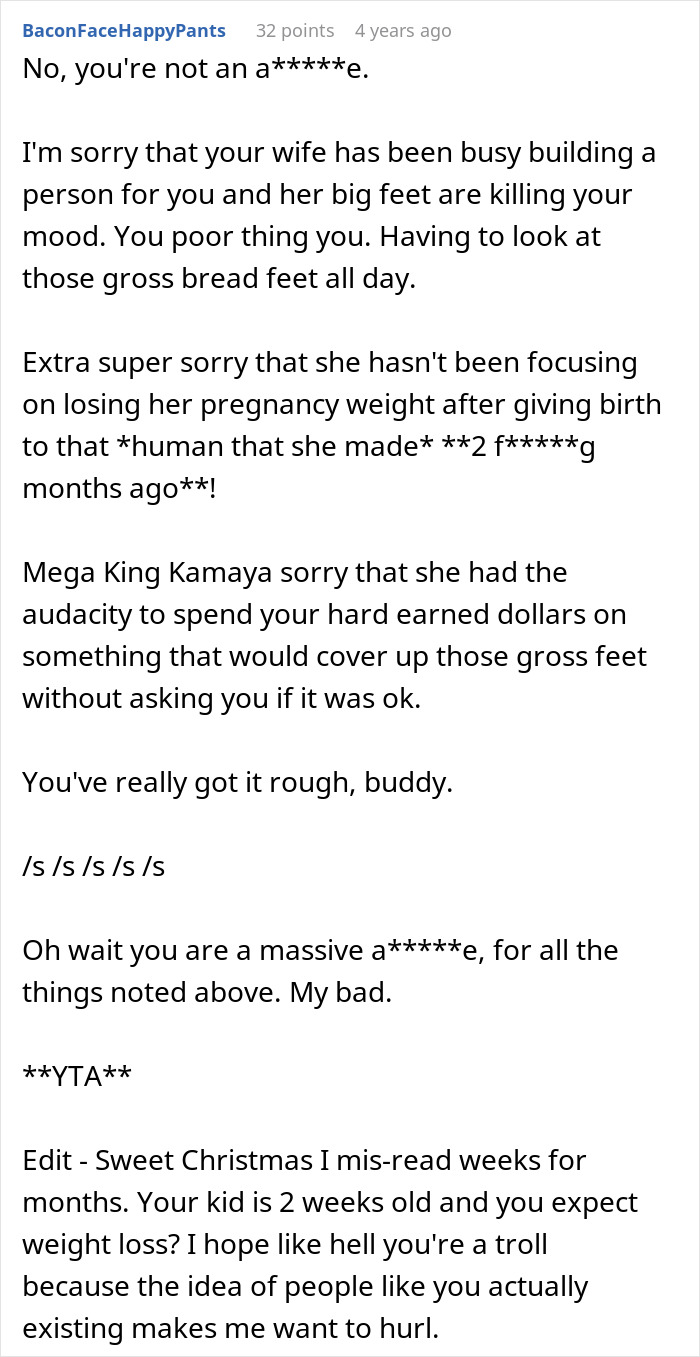 Text exchange about a husband's remarks on his returning wife's shoes and post-pregnancy appearance. Text exchange about a husband's remarks on his returning wife's shoes and post-pregnancy appearance.