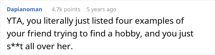Reddit comment criticizing a friend for mocking someone trying to find a hobby.
