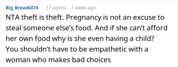 Reddit comment criticizing a pregnant coworker's behavior over food cravings. Reddit comment criticizing a pregnant coworker's behavior over food cravings.