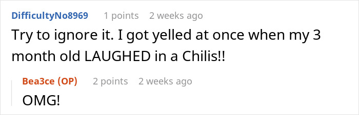 Comments discuss an incident at a restaurant where a child laughed and someone got upset.