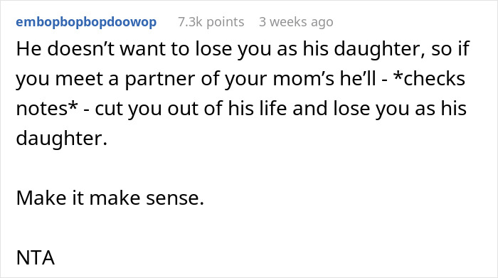 Text exchange about a controlling man threatening daughters, questioning the logic and labeled NTA.