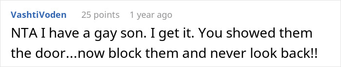 Comment supporting a parent defending their gay son against family.