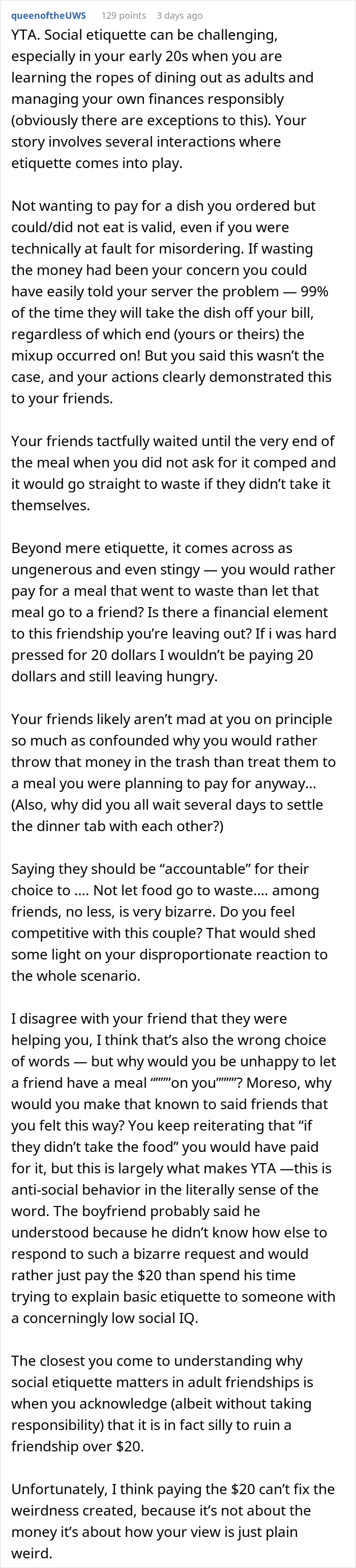 Text from Reddit user about social etiquette and paying for meals among friends. Text from Reddit user about social etiquette and paying for meals among friends.