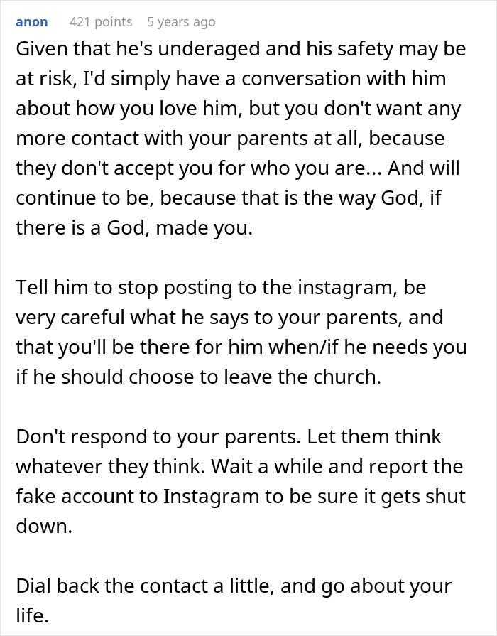 Reddit comment advising caution with religious parents and a fake account situation.