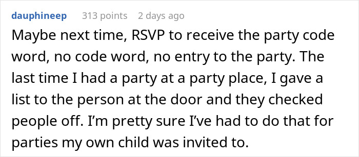 Text exchange discussing RSVPs and party entry code word policy.