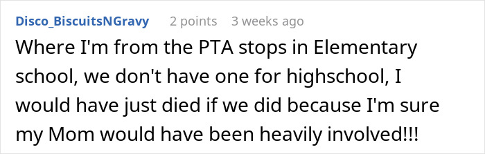 Comment discussing a teen's experience with PTA, mentioning their mother's involvement.