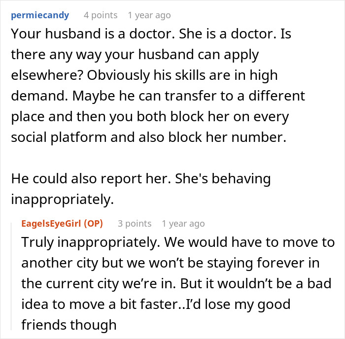 Reddit thread discussing a husband's coworker's inappropriate behavior and potential solutions. Reddit thread discussing a husband's coworker's inappropriate behavior and potential solutions.