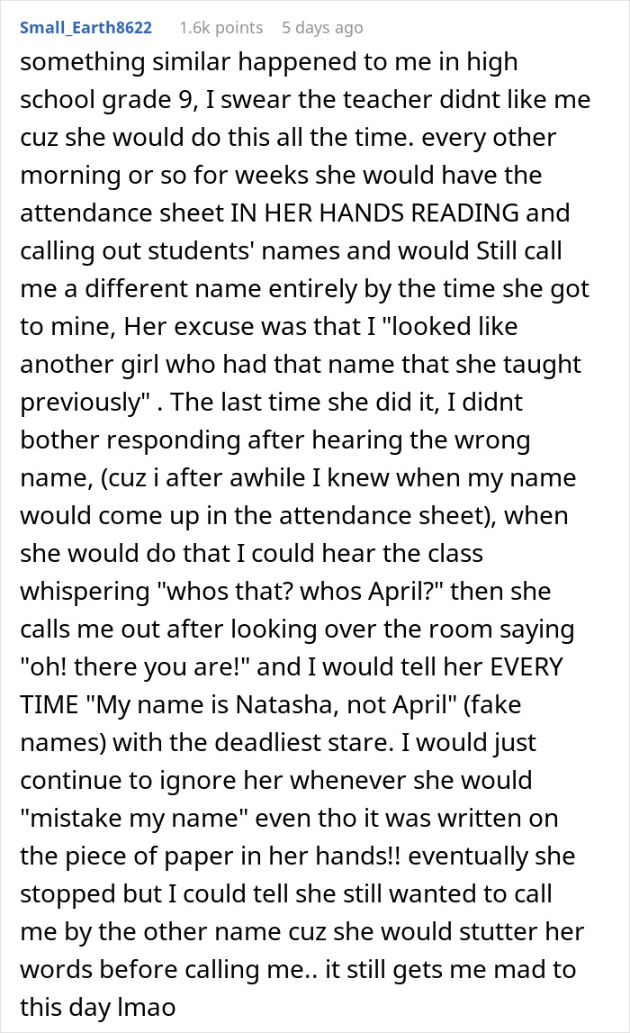 Text description of a student's revenge story about a teacher mispronouncing names.