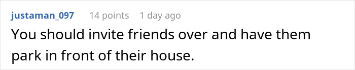 Text suggesting how to get revenge on a neighbor's parking habits.