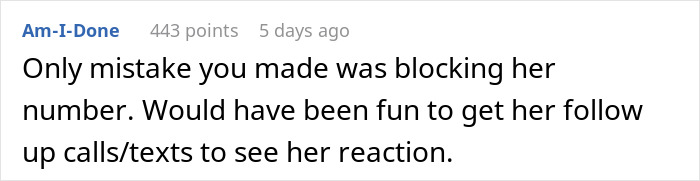 Screenshot of a comment discussing petty revenge on a date, suggesting not blocking her number to see her follow-up reaction.