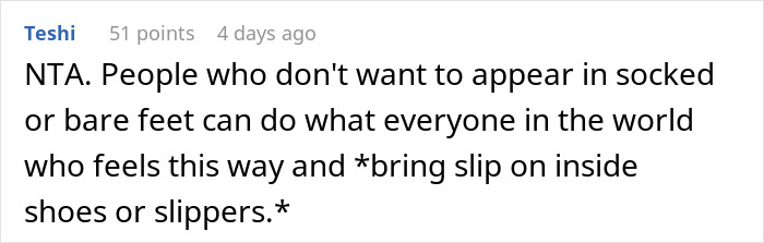 Comment discussing son's girlfriend's house rule about indoor shoes.