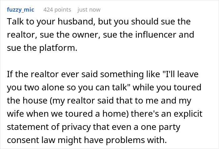 Text from a forum discussing privacy during home tours and potential legal actions against owners for secret recordings. Text from a forum discussing privacy during home tours and potential legal actions against owners for secret recordings.
