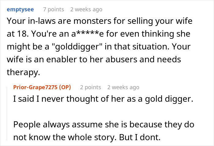 Reddit comments about in-laws using daughter for money, discussing family dynamics and assumptions. Reddit comments about in-laws using daughter for money, discussing family dynamics and assumptions.