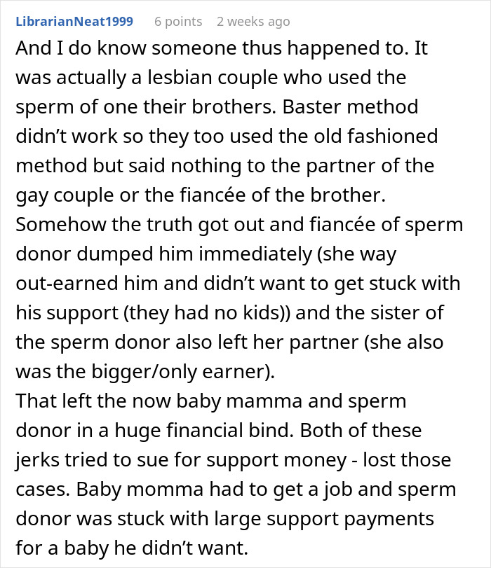 Text post recounting a story about relationship breakup due to secret sperm donation.