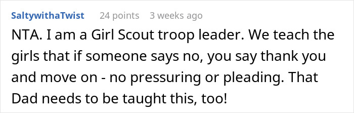 Girl Scout troop leader comment on handling cookie sales refusal and teaching respect. Girl Scout troop leader comment on handling cookie sales refusal and teaching respect.