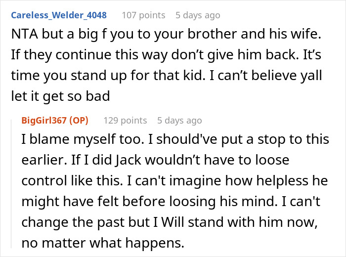 Reddit comments discussing an uncle standing up for his nephew against his brother's actions.
