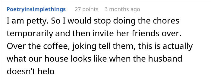 A Reddit comment about being petty with chores, related to a husband being called unhelpful.