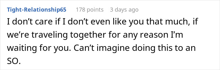 Online comment expressing disbelief about abandoning a partner at the airport for cost-saving. Online comment expressing disbelief about abandoning a partner at the airport for cost-saving.