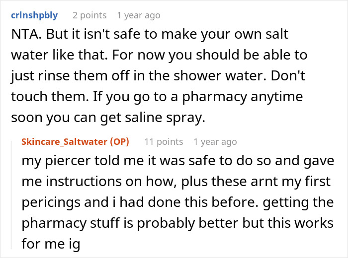 Reddit users discuss safe skincare practices for piercings in a comment thread.