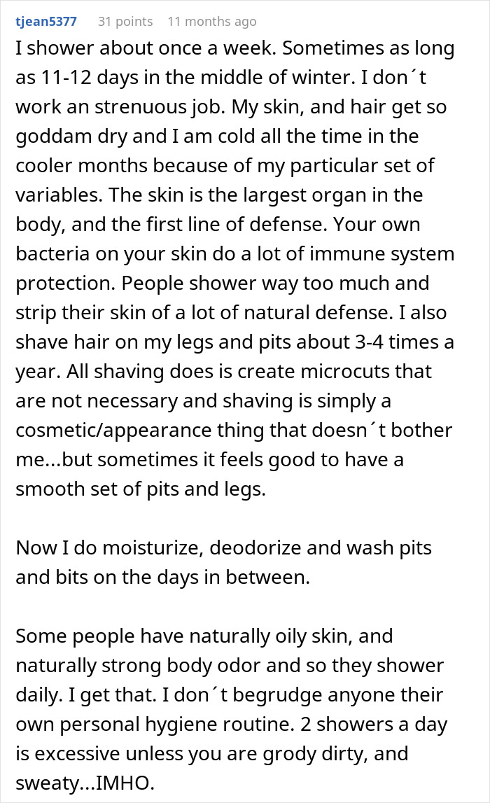 Text discussing personal hygiene practices related to not showering regularly.