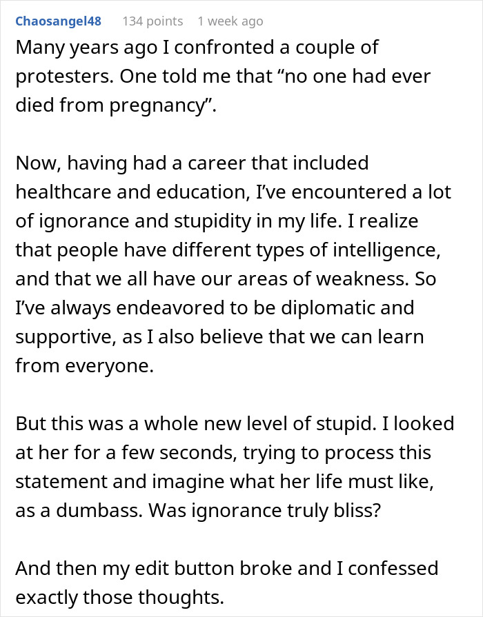 Text conversation about confronting protesters with a focus on ignorance and intelligence.