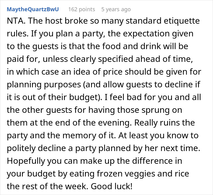 Comment discusses fancy dinner party leading to unexpected $200 bill for guests, citing etiquette breaches. Comment discusses fancy dinner party leading to unexpected $200 bill for guests, citing etiquette breaches.