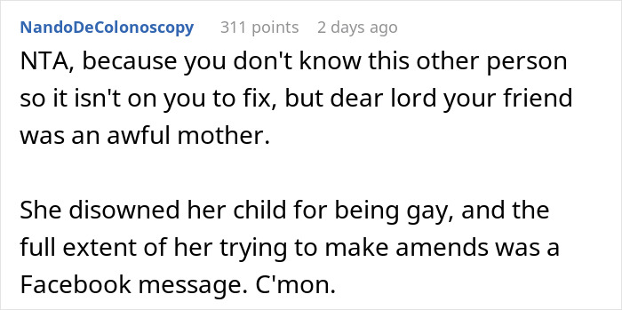 Text comment discussing not sharing inheritance received from a friend.