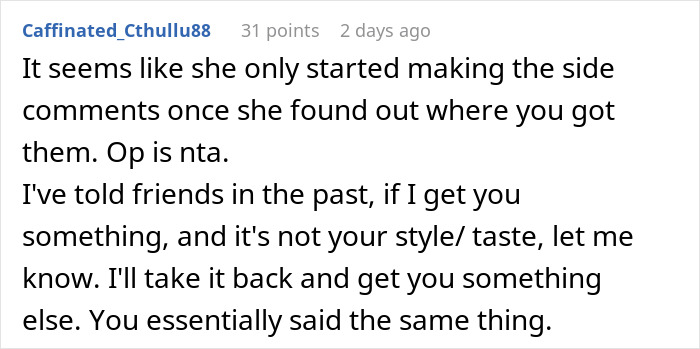 User comment on estate sale gift disapproval, discussing tasteful gifting and return options.