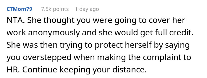 Reddit comment discussing situation where a coworker receives an HR complaint after covering for a colleague.