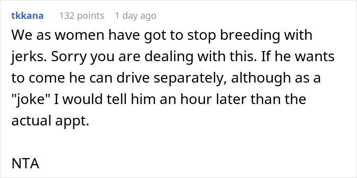Comment expressing frustration about a man bothering his wife at pregnancy appointments.