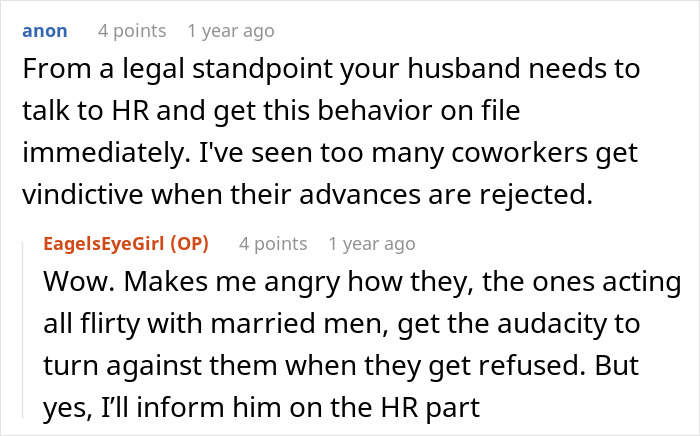 Text conversation about coworker's advances on a married man and the need for HR action. Text conversation about coworker's advances on a married man and the need for HR action.